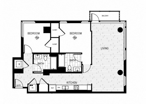 Floor plan for 2 beds, 2 baths, 1159 sqft