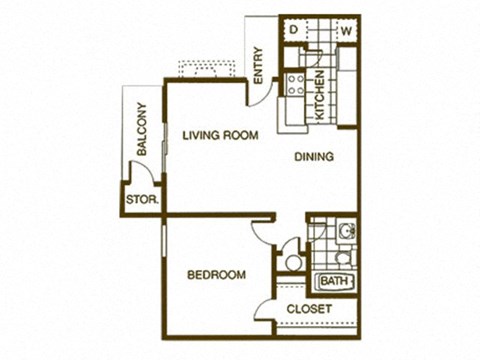 Floor plan for 1 bed, 1 bath, 643 sqft