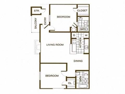 Floor plan for 2 beds, 2 baths, 943 sqft