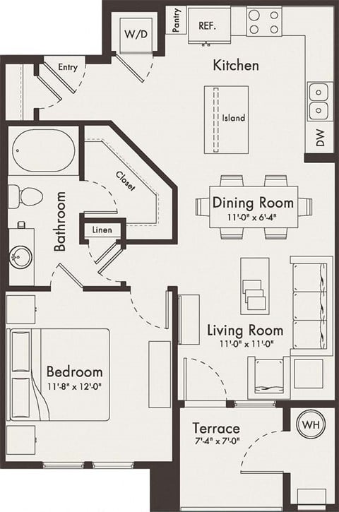 Floor plan for 1 bed, 1 bath, 712 sqft