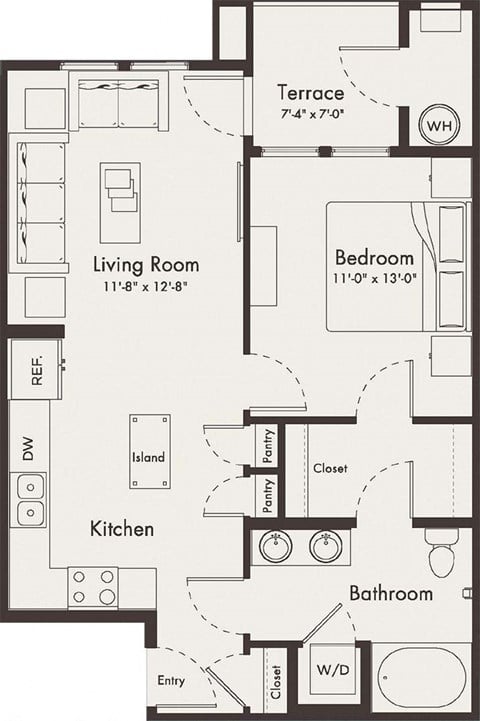Floor plan for 1 bed, 1 bath, 705 sqft