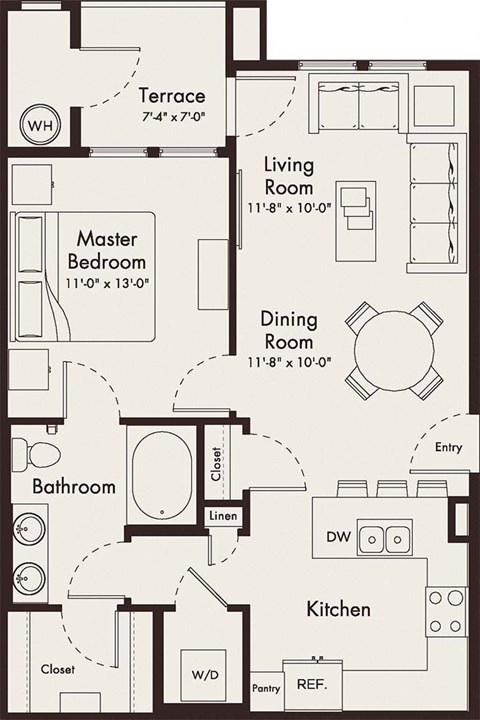 Floor plan for 1 bed, 1 bath, 743 sqft