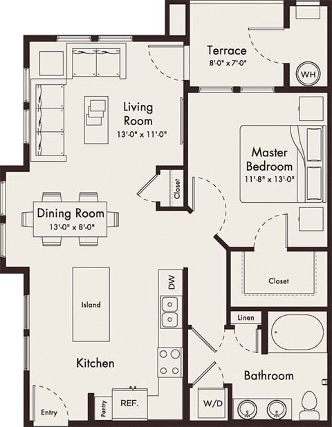 Floor plan for 1 bed, 1 bath, 825 sqft