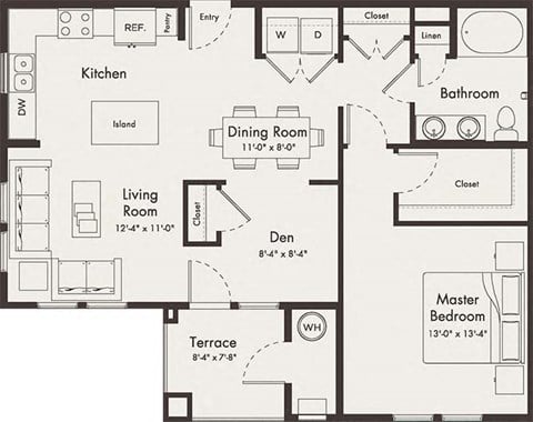 Floor plan for 1 bed, 1 bath, 949 sqft