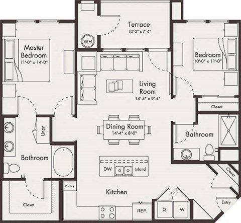 Floor plan for 2 beds, 2 baths, 1076 sqft