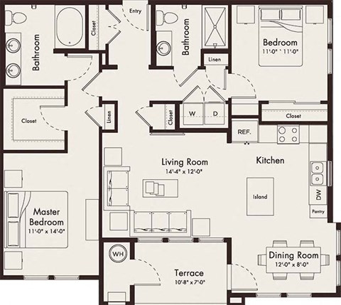 Floor plan for 2 beds, 2 baths, 1191 sqft