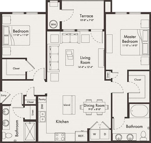 Floor plan for 2 beds, 2 baths, 1193 sqft