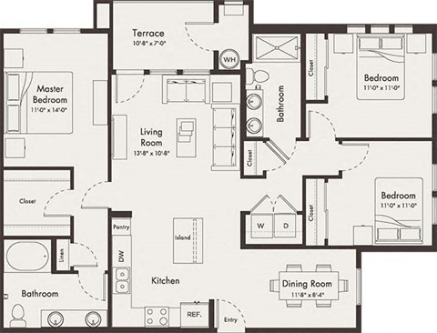 Floor plan for 3 beds, 2 baths, 1346 sqft