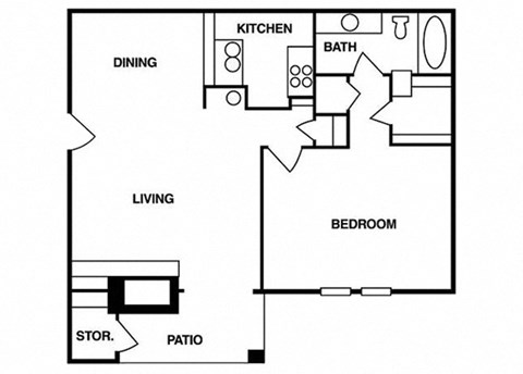 Floor plan for 1 bed, 1 bath, 768 sqft