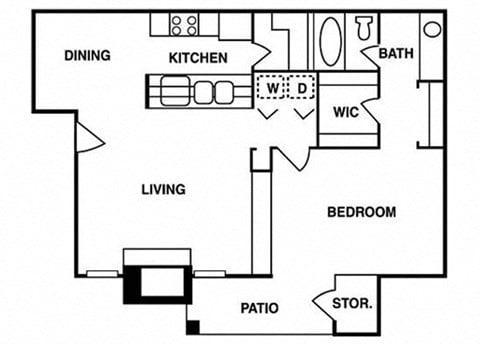 Floor plan for 1 bed, 1 bath, 815 sqft