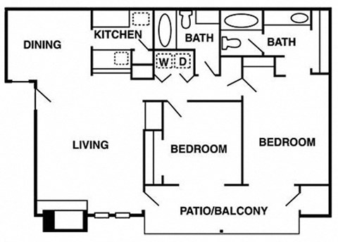 Floor plan for 2 beds, 2 baths, 1036 sqft