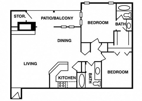 Floor plan for 2 beds, 2 baths, 1091 sqft