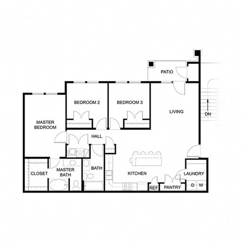 Floor plan for 3 beds, 2 baths, 1303 sqft