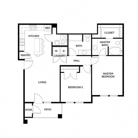Floor plan for 2 beds, 2 baths, 1057 sqft