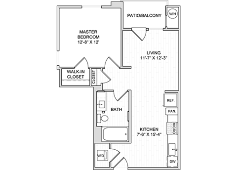 Floor plan for 1 bed, 1 bath, 670 sqft