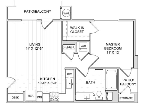 Floor plan for 1 bed, 1 bath, 688 sqft