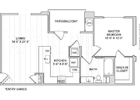 Floor plan for 1 bed, 1 bath, 844 sqft