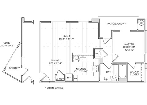 Floor plan for 1 bed, 1 bath, 888 sqft