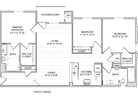 Floor plan for 3 beds, 2 baths, 1380 sqft