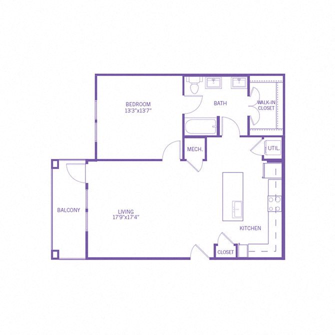 Floor plan for 1 bed, 1 bath, 880 sqft