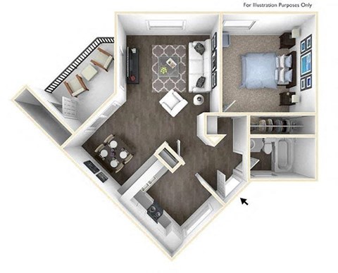 Floor plan for 1 bed, 1 bath, 646 sqft