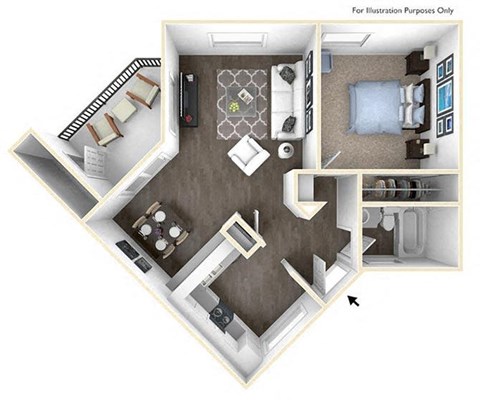 Floor plan for 1 bed, 1 bath, 646 sqft