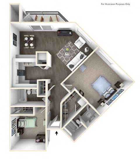 Floor plan for 2 beds, 2 baths, 987 sqft