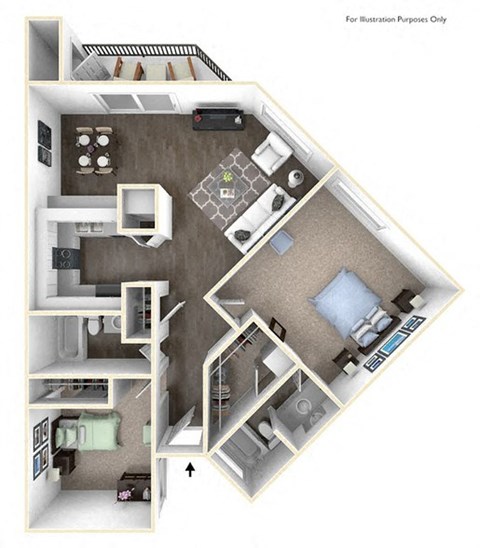 Floor plan for 2 beds, 2 baths, 987 sqft