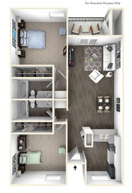 Floor plan for 2 beds, 2 baths, 997 sqft