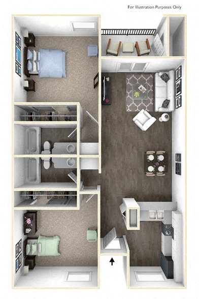 Floor plan for 2 beds, 2 baths, 997 sqft