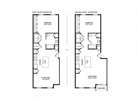 Floor plan for 1 bed, 1 bath, 732 sqft