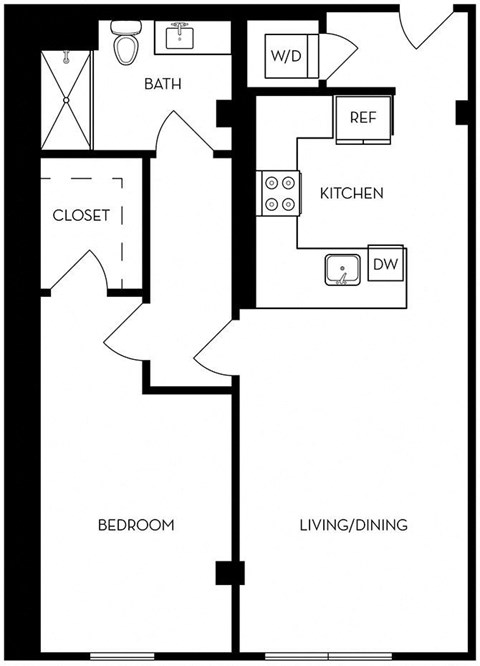 Floor plan for 1 bed, 1 bath, 753 sqft
