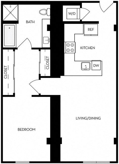 Floor plan for 1 bed, 1 bath, 830 sqft