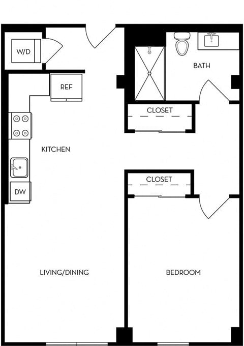 Floor plan for 1 bed, 1 bath, 680 sqft