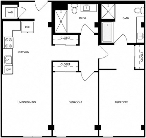 Floor plan for 2 beds, 2 baths, 1017 sqft