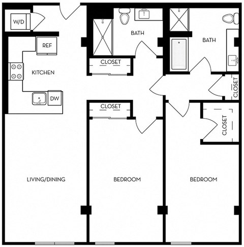 Floor plan for 2 beds, 2 baths, 1294 sqft