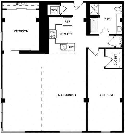 Floor plan for 2 beds, 1 bath, 1459 sqft