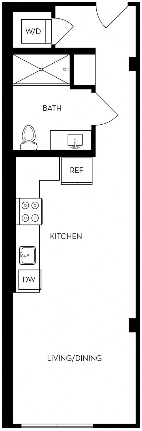 Floor plan for studio, 1 bath, 477 sqft
