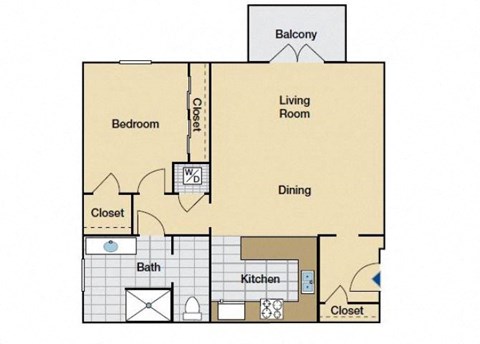 Floor plan for 1 bed, 1 bath, 892 sqft