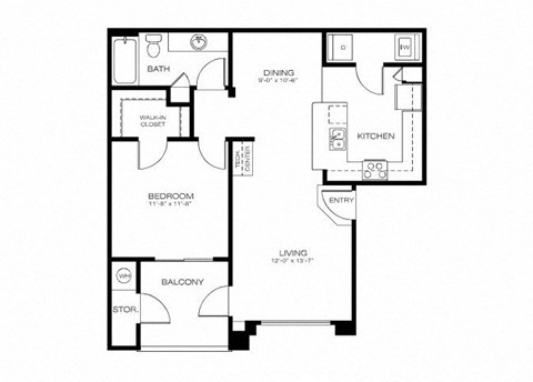 Floor plan for 1 bed, 1 bath, 761 sqft