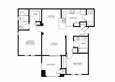 Floor plan for 2 beds, 2 baths, 1027 sqft