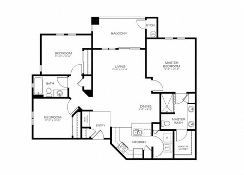 Floor plan for 3 beds, 2 baths, 1255 sqft