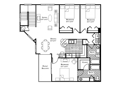 Floor plan for 3 beds, 2 baths, 1396 sqft