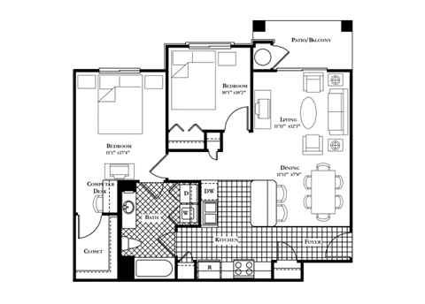 Floor plan for 2 beds, 1 bath, 1032 sqft