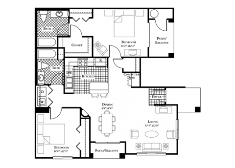 Floor plan for 2 beds, 2 baths, 1264 sqft