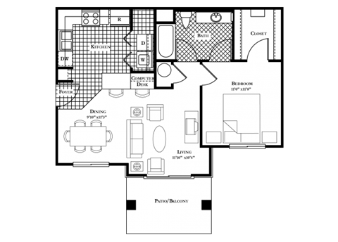 Floor plan for 1 bed, 1 bath, 689 sqft