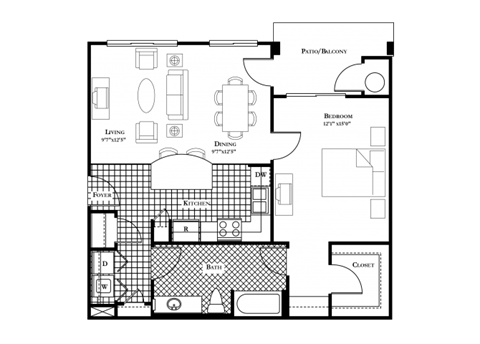 Floor plan for 1 bed, 1 bath, 857 sqft