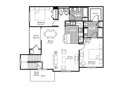 Floor plan for 2 beds, 2 baths, 1206 sqft