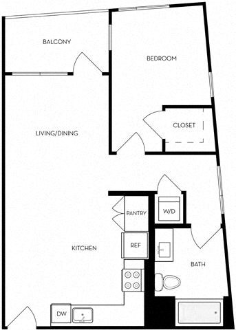 Floor plan for 1 bed, 1 bath, 753 sqft