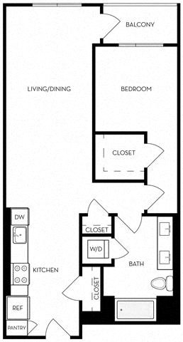 Floor plan for 1 bed, 1 bath, 886 sqft